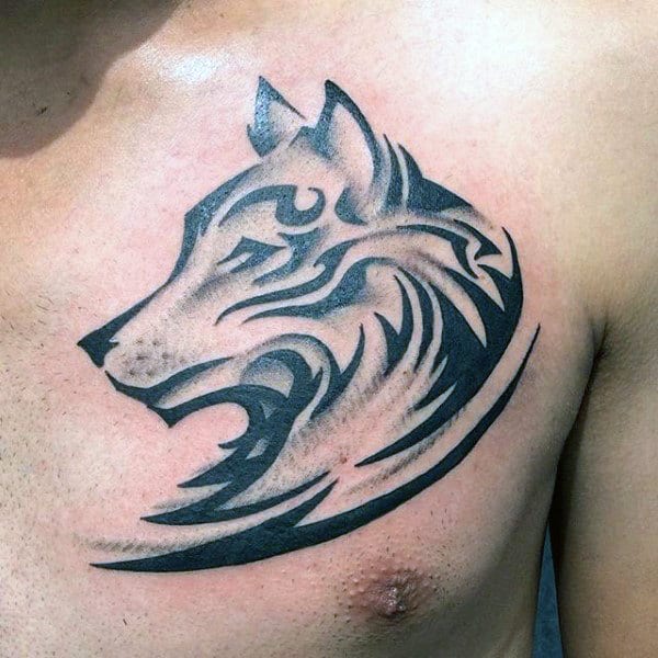 Mens Tribal Wolf Chest Tattoo Design Ideas
