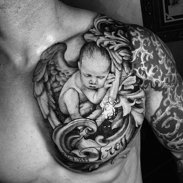 mens troy baby angel kids name chest tattoo