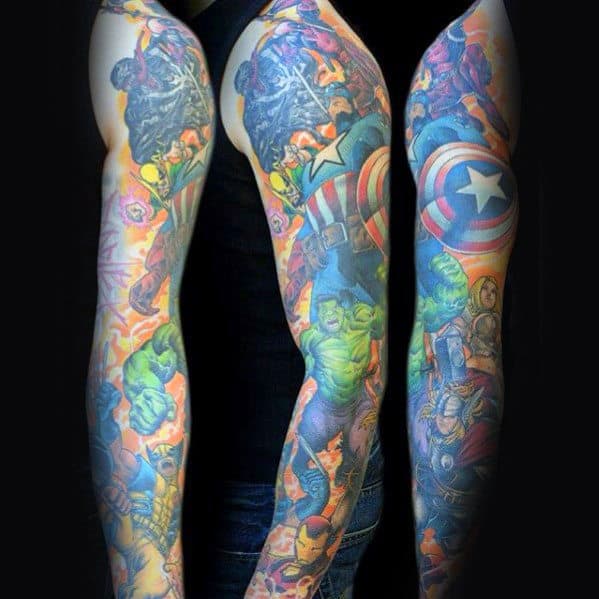 Mens Ultra Colorful Marvel Themed Superhero Tattoos For Men With Sleeve Design