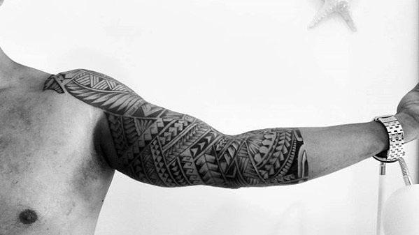 Mens Unique Black Ink Polynesian Tribal Pattern Tattoo Sleeve Designs