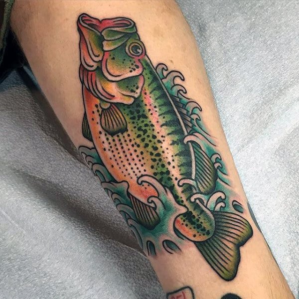 Mens Unique Neo Traditional Tattoo Of Bass Fish On Forearm