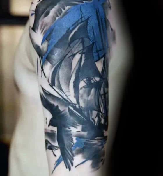 Mens Unusual Black And Blue Sailing Ship Arm Tattoo With Watercolor Design