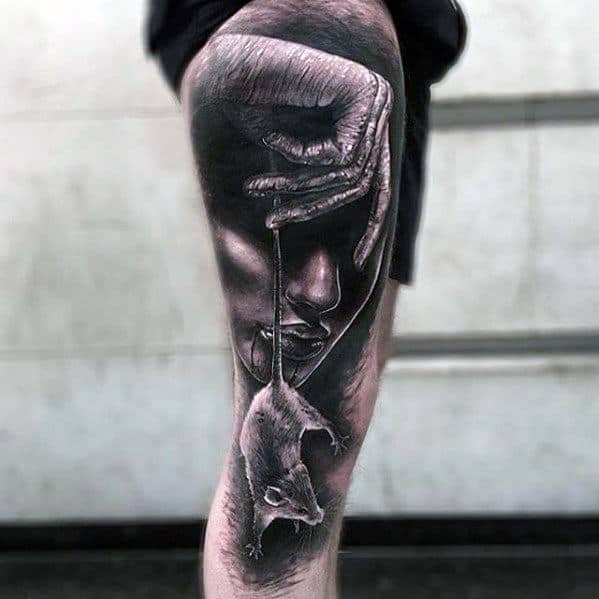 Mens Unusual Female Holding Mouse By Tail Leg And Thigh Tattoo