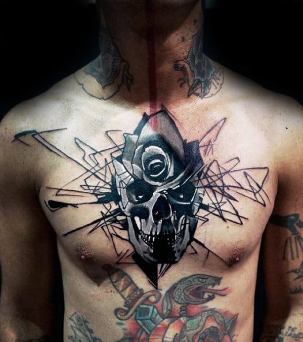 Mens Unusual Grey Skull And Rose Abstract Chest Tattoos
