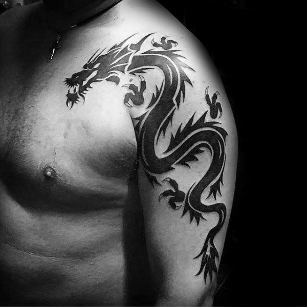 Mens Upper Arm Black Ink Tribal Dragon Tattoo Design Ideas