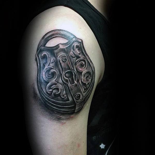 Mens Upper Arm Lock Tattoo With Shaded Black And Grey Ink