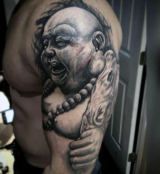 Mens Upper Arm Realistic Laughing Buddha Tattoo