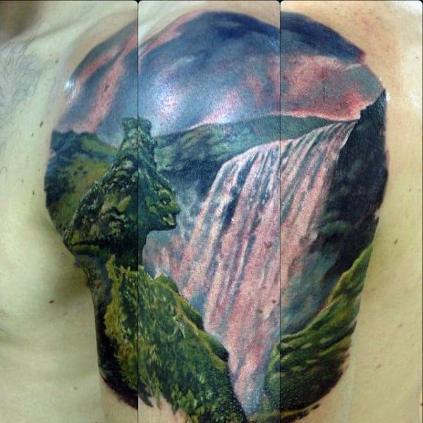 Mens Upper Arm Realistic Waterfall Tattoo With Watercolor Design.