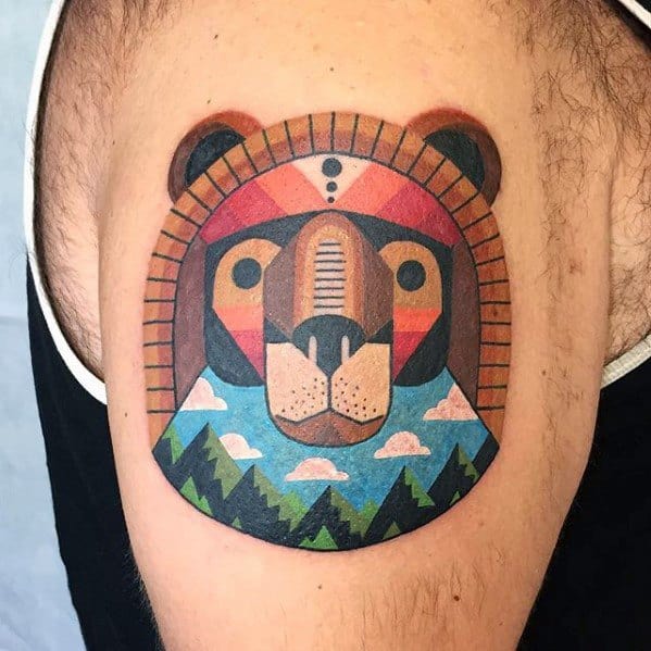 Mens Upper Arm Small Colorful Bear With Forest Tattoo