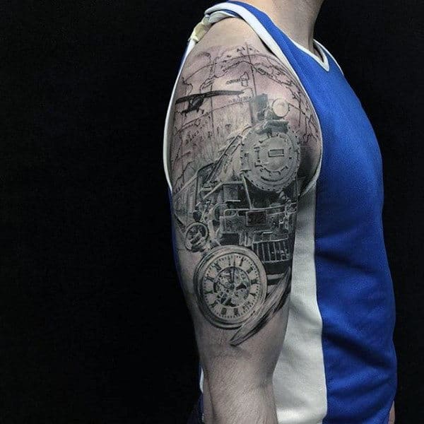 Mens Upper Arms Rail Engine And Pocket Watch Tattoo