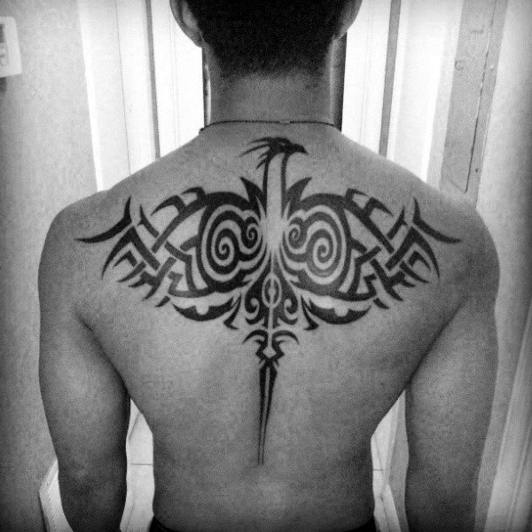 Mens Upper Back Black Ink Tribal Eagle Tattoo