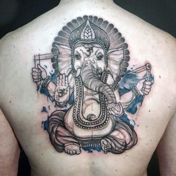 Mens Upper Back Ganesh Watercolor Tattoos