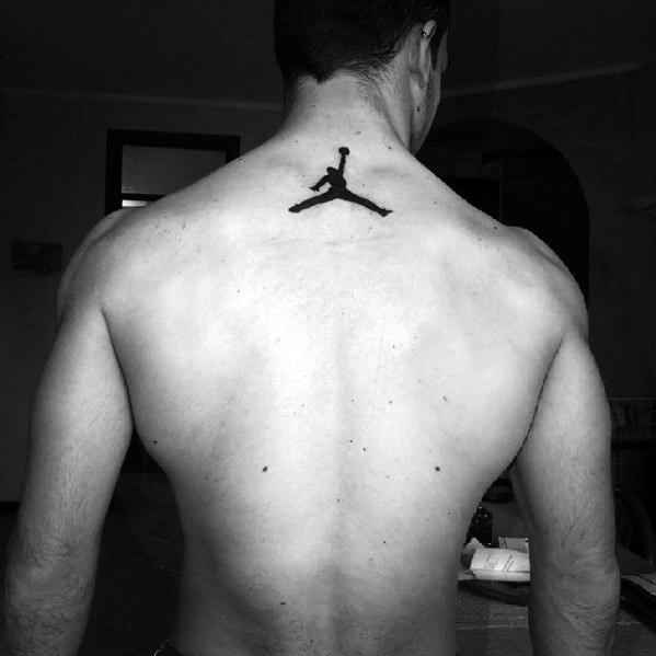 Mens Upper Back Jordan Symbol Tattoo With Black Ink Design