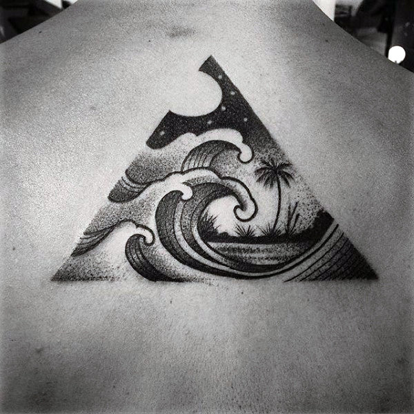 Mens Upper Back Ocean Wave Palm Tree Triangle Tattoos