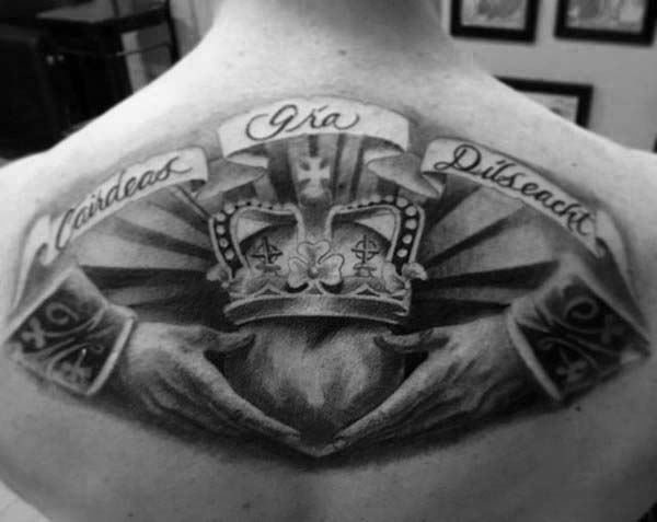 Mens Upper Back Realistic Claddagh Irish Tattoos