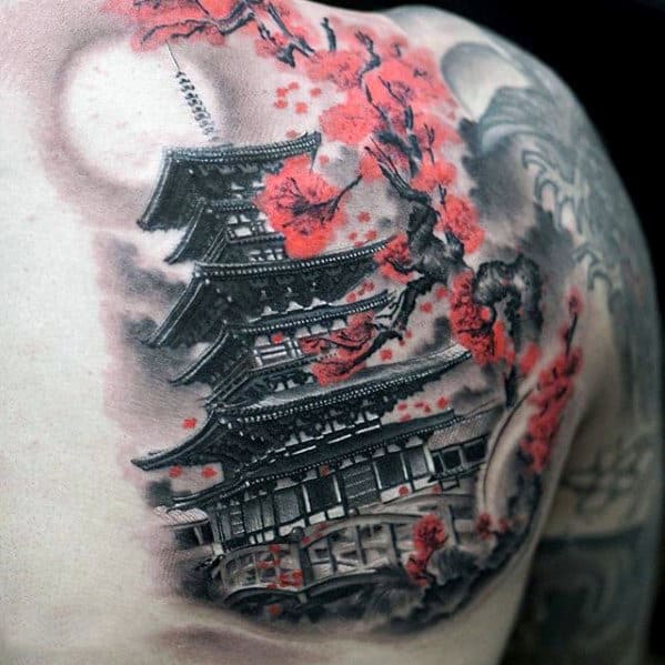 Mens Upper Back Shoulder Japanese Temple With Cherry Blossom Tattoo