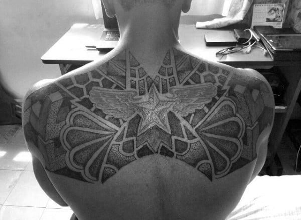 Mens Upper Back Tattoo Of Star With Wings Dotwork Design