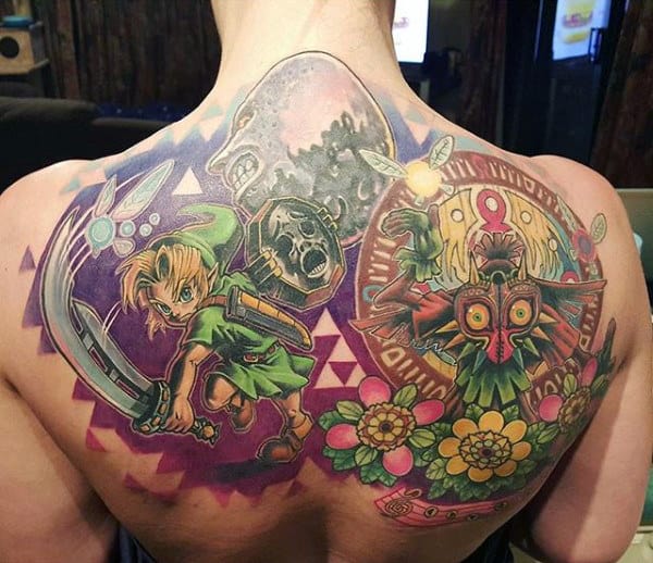 Mens Upper Back Zelda Themed Tattoo Design Inspiration