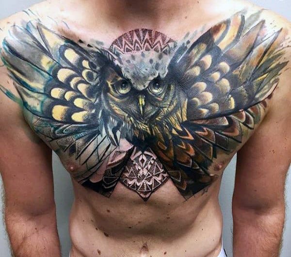 Mens Upper Chest 3d Owl Tattoo Design Inspiration
