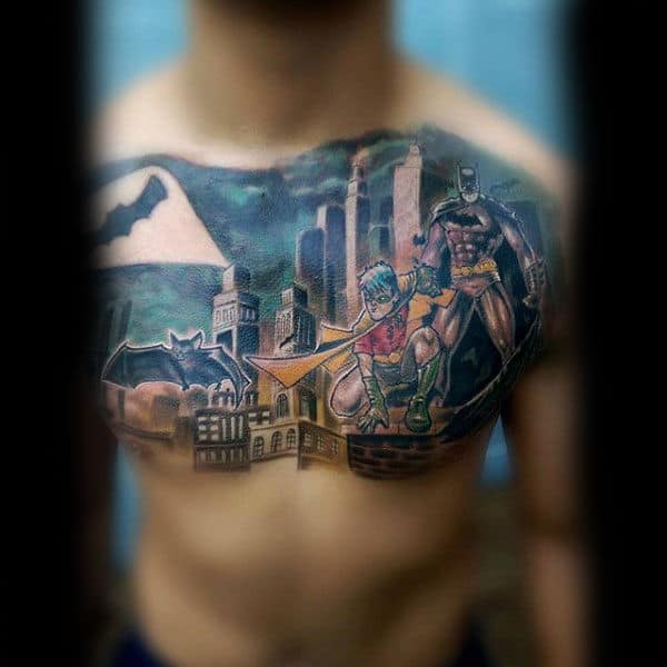 Mens Upper Chest Batman Signal With Robin On City Tower Building Tattoo