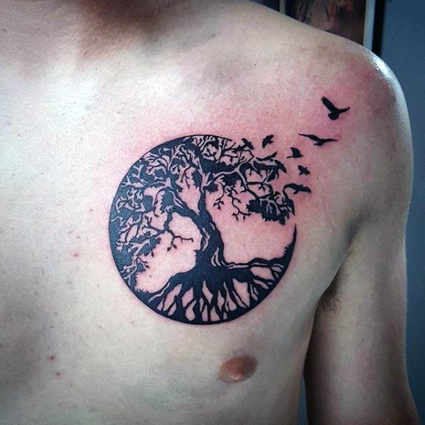 Mens Upper Chest Birds Flying Circle Tree Of Life Tattoo