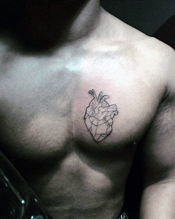 Mens Upper Chest Geometric Heart Black Ink Outline Tattoos