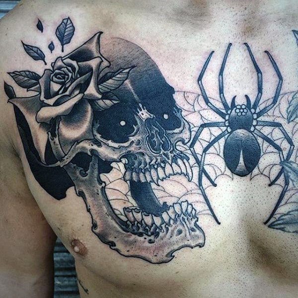 Mens Upper Chest Skull And Rose Flower Spider Web Tattoo