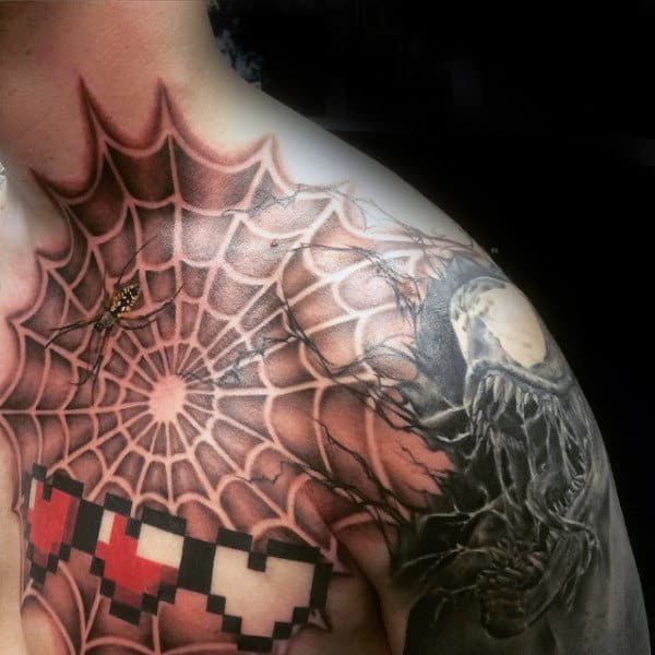 Mens Upper Chest Spider Web Tattoos