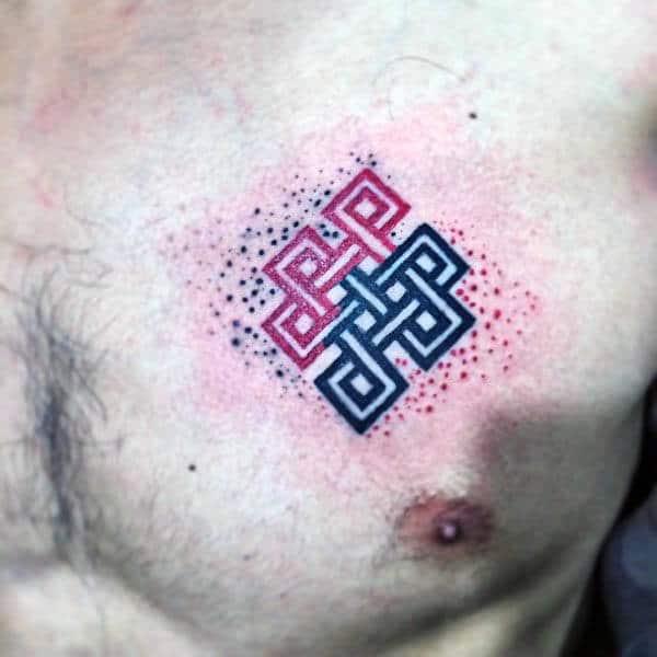 Mens Upper Chest Tattoo Of Black And Red Ink Endless Knot Design