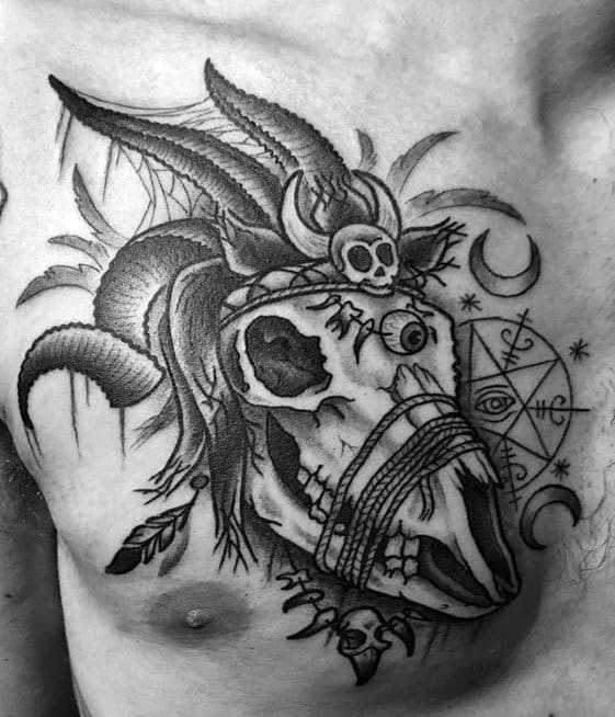 Mens Upper Chest Tattoo With Indian Goat Skull Design