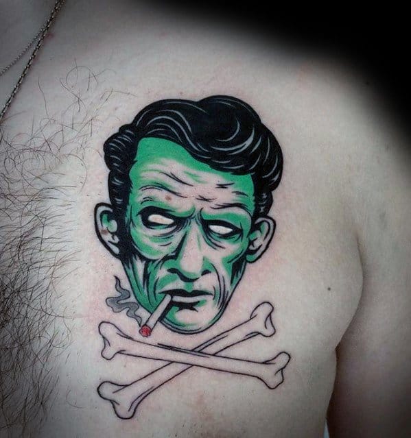 Mens Upper Chest Zombie Crossbones Johnny Cash Tattoo Design Ideas