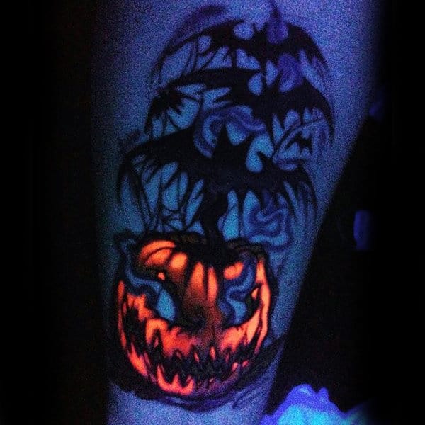 Mens Uv Ink Glow In The Dark Pumpkin Tattoo With Black Bats
