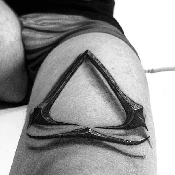 Mens Video Game Assassins Creed Logo Small Badass Thigh Tattoo With 3d Design