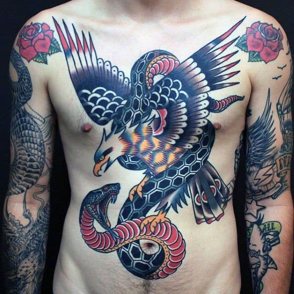 Mens Vintage Chest Eagle With Snake Tattoo Design Ideas