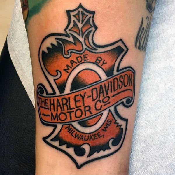 Mens Vintage Orange And Black Harley Davidson Logo Tattoo