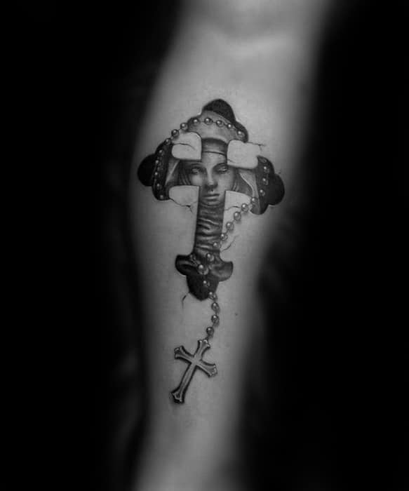 Mens Virgin Mary Cross With Rosary Small Religious Leg Tattoo Ideas