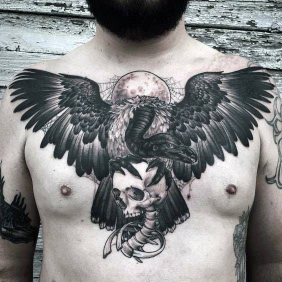 Mens Vulture With Skull Upper Chest Cover Up Tattoos