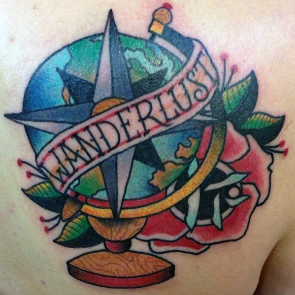 Mens Wanderlust Globe With Rose Flower Traditional Upper Back Tattoo