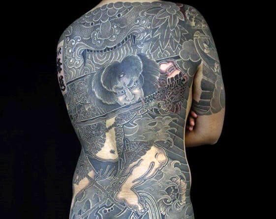 Mens Warrior With Sword Guys Shaded Japanese Back Tattoo