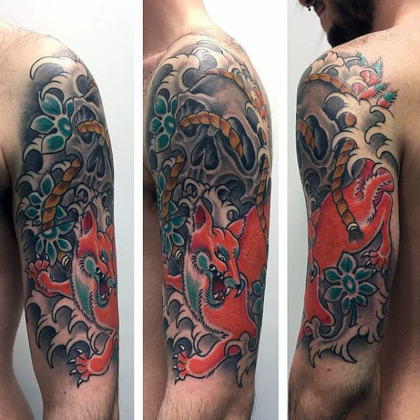 Mens Water Waves With Skull Kitsune Fox Arm Tattoo Ideas