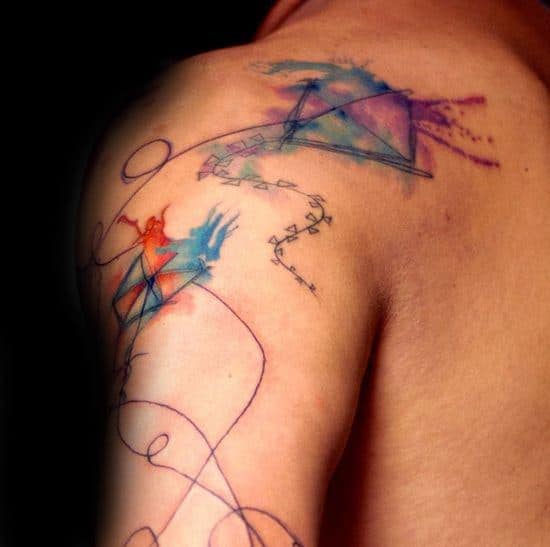 Mens Watercolor Arm And Shoulder Tattoo Ideas With Kite Design