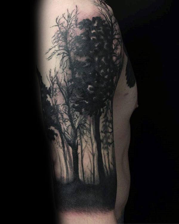 Mens Watercolor Black Ink Forest Half Sleeve Tattoo