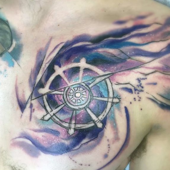 Mens Watercolor Dharma Wheel Upper Chest Tattoo