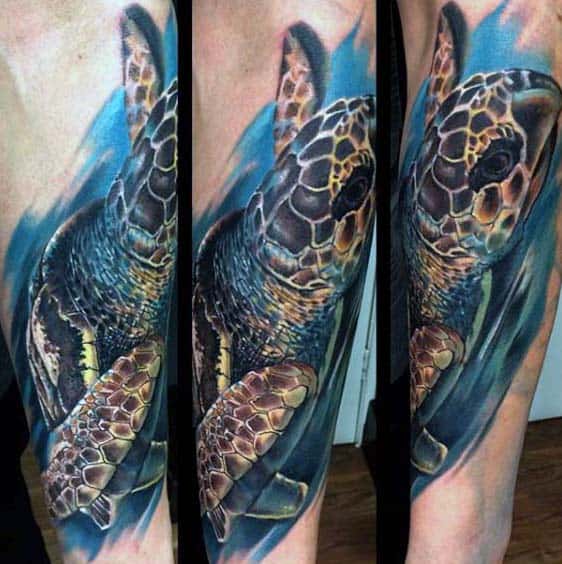 Mens Watercolor Forearm Tattoo Of Turtle