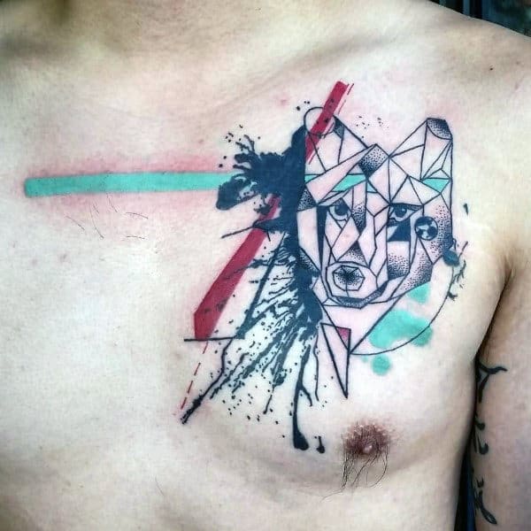 Mens Watercolor Geometric Wolf Chest Tattoo With Abstract Design