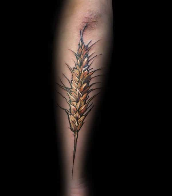 Mens Watercolor Golden Wheat Stalk Outer Forearm Tattoo