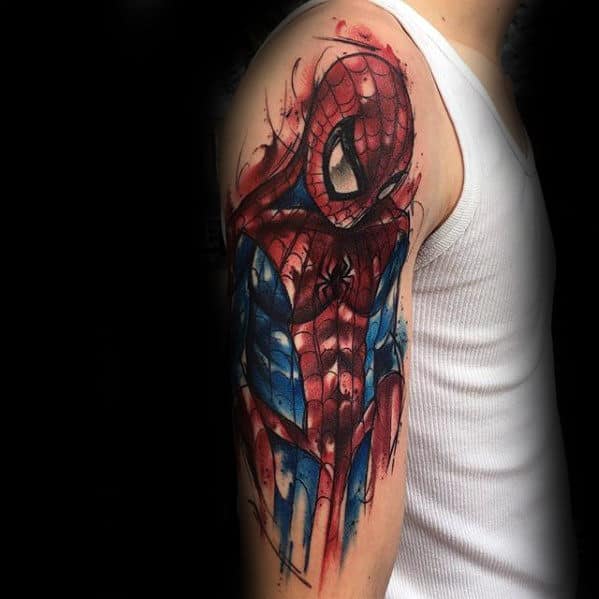 Mens Watercolor Marvel Spiderman Arm Tattoos