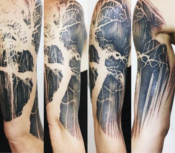 Mens Watercolor Negative Space Arm Tree Roots Tattoo