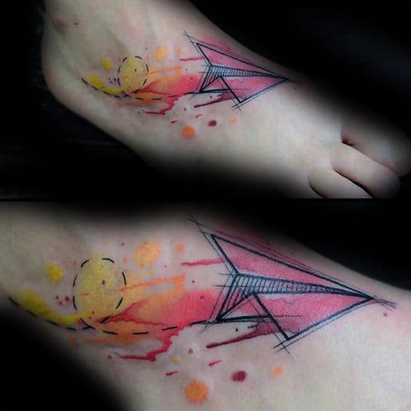 Mens Watercolor Paper Airplane Foot Tattoo