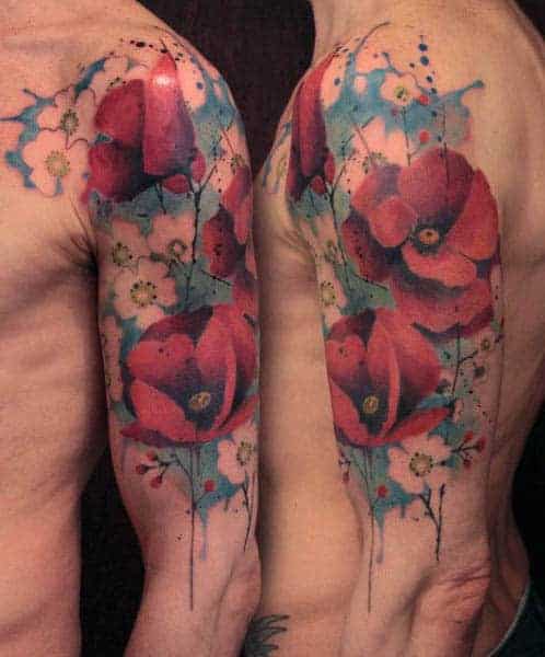 mens-watercolor-poppy-tattoo-half-sleeve